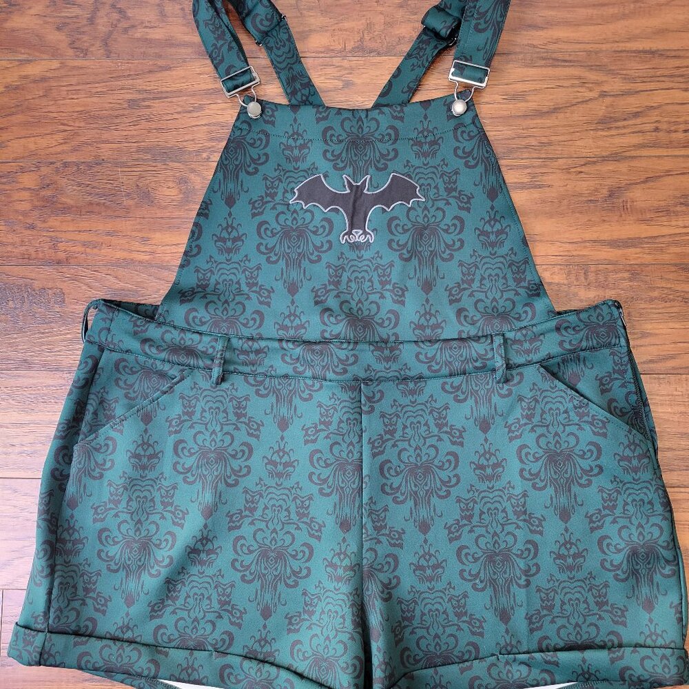 Hot Topic Disney HAUNTED MANSION Green Wallpaper Gargoyle Shortalls sz 3 NWT
